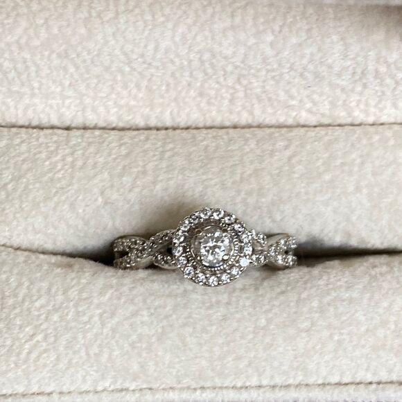 14K WG Crisscross Shank Genuine Diamond Halo Engagement Ring - Picture 4 of 11